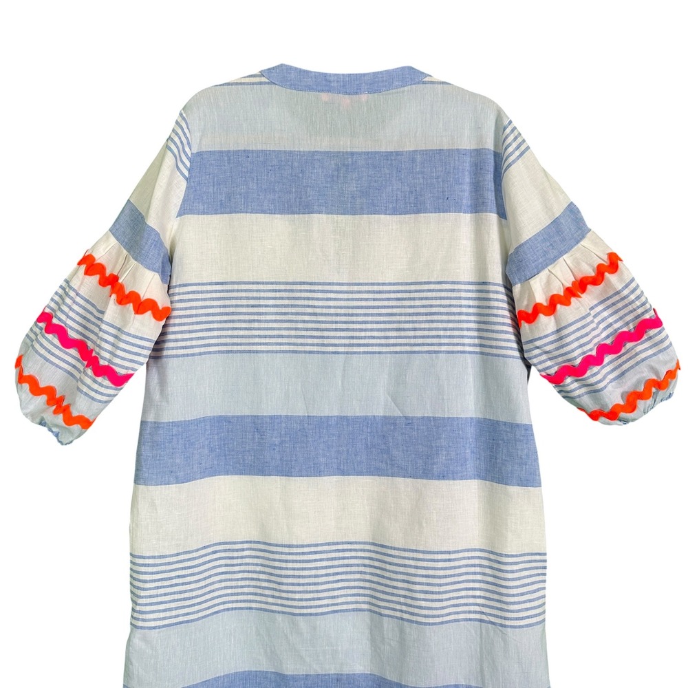 Vilagallo Tunic Dress 42 10 Blue White Stripe Linen Blend Pockets Resort Coastal - Picture 13 of 14